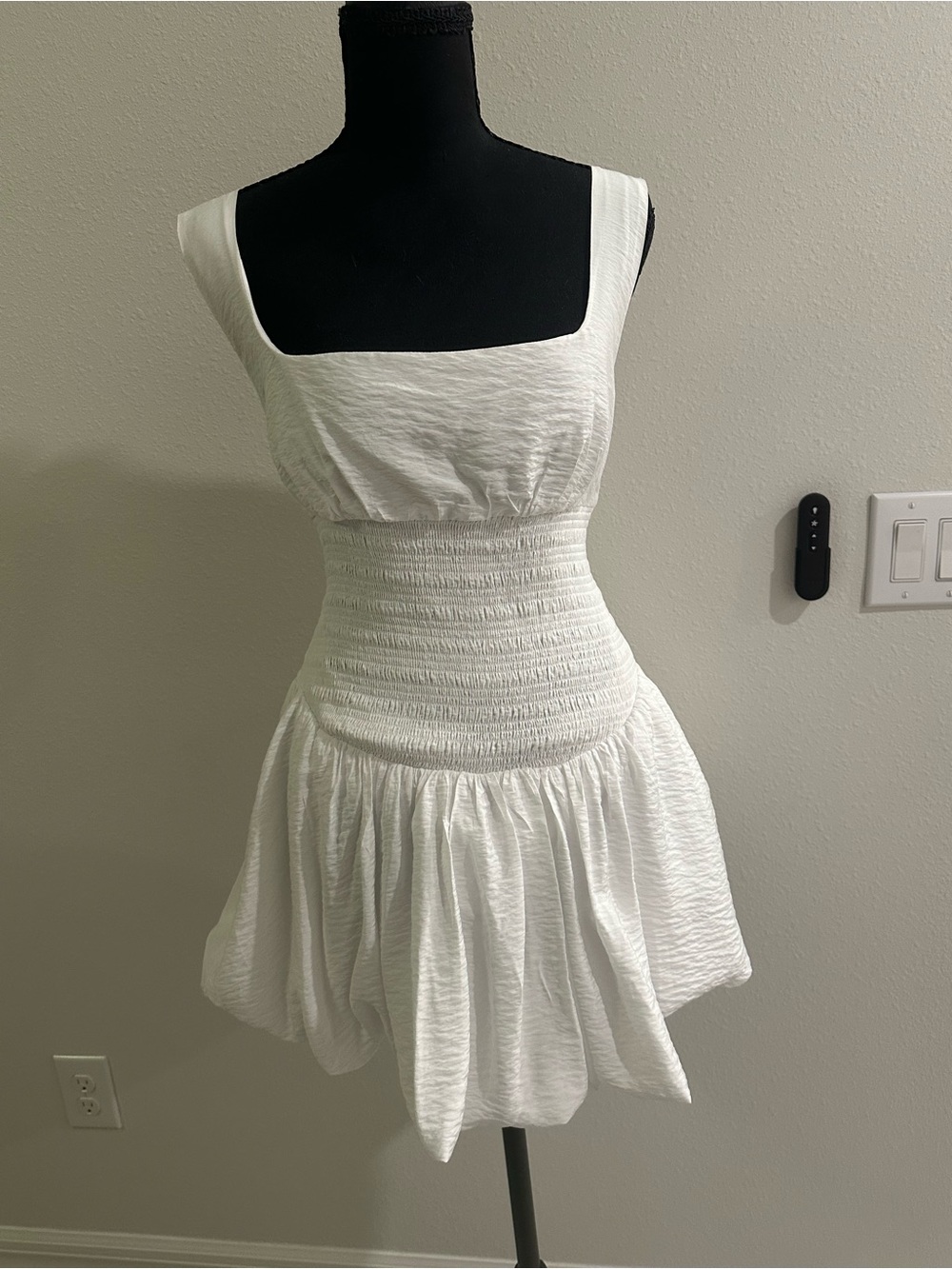 Anthropologie White Smocked-Waist Square-Neck Mini Dress